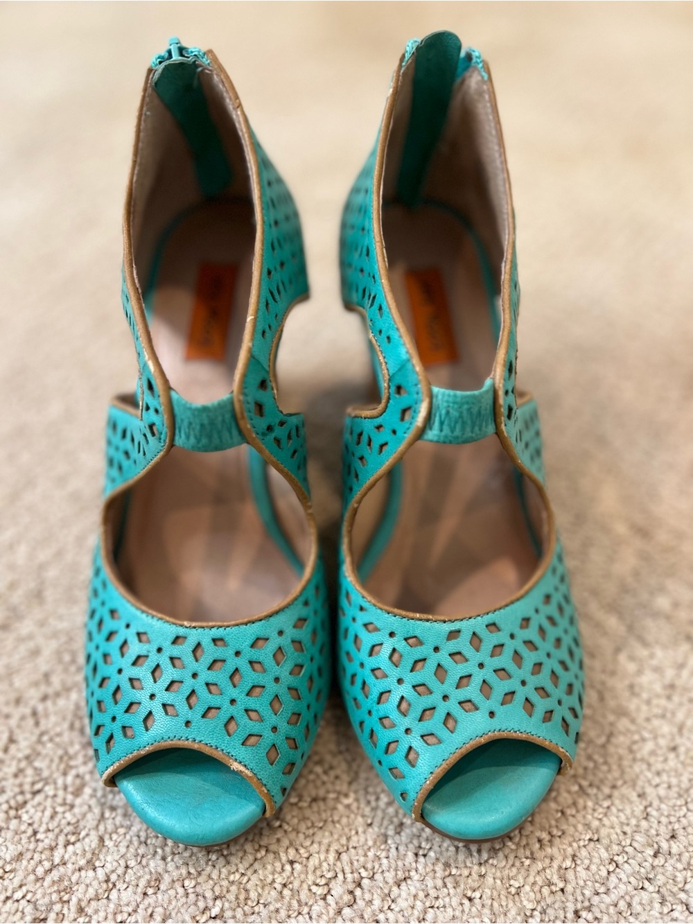 Miz Mooz Teal Perforated Peep-Toe Wedges
